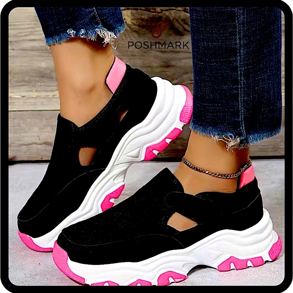 NWT Women's Platform Black/Pink Lightweight Comfortable Walking Sneakers Size 7